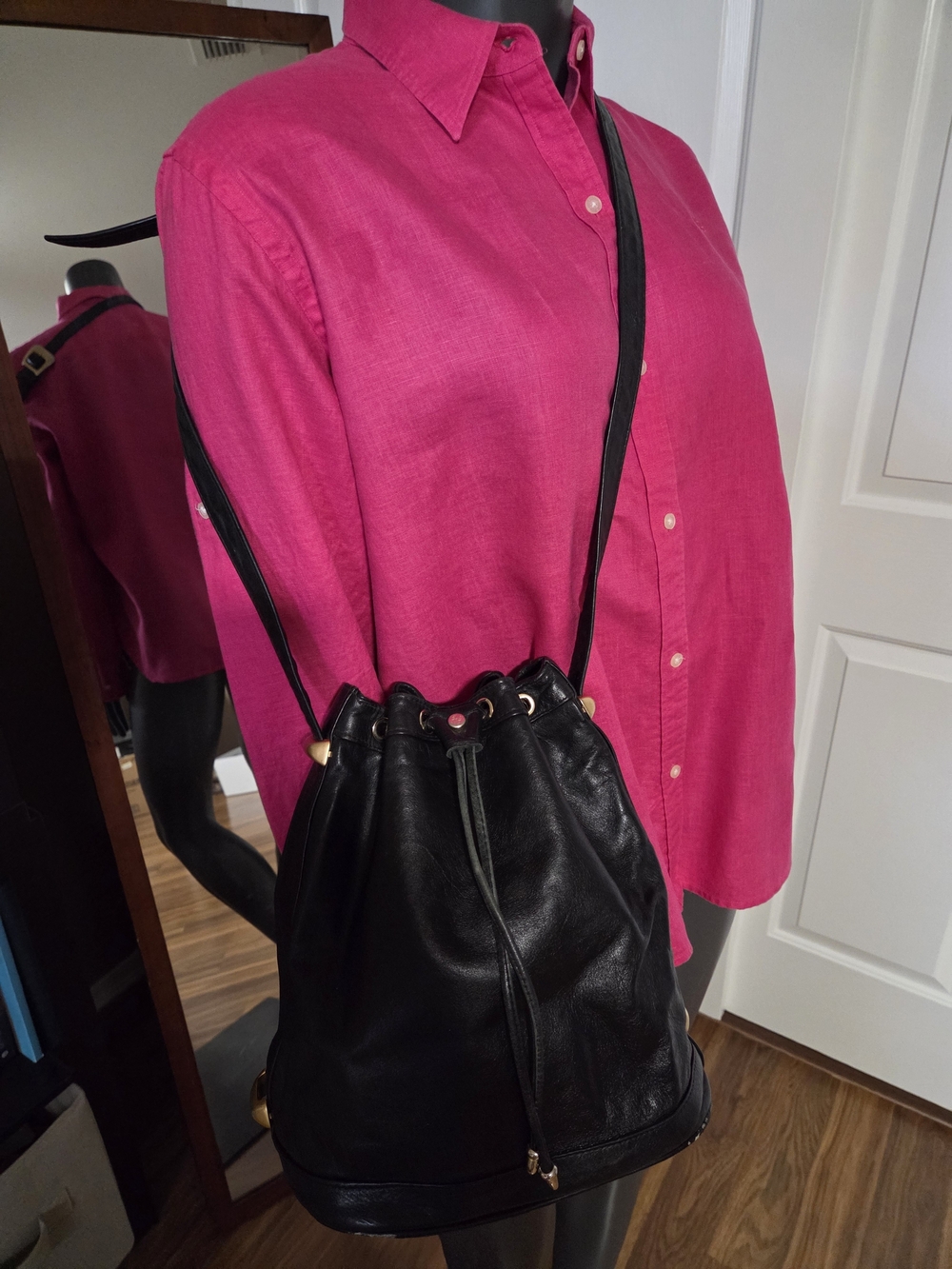 Danier Black Leather Drawstring Crossbody Bucket Bag